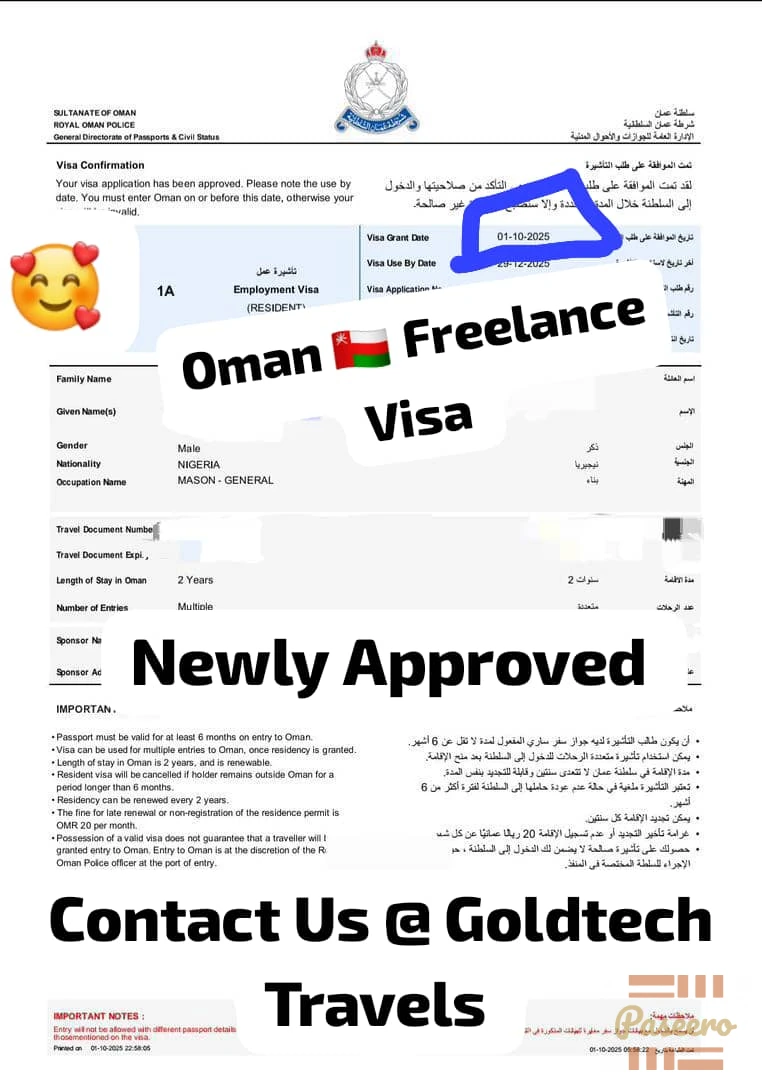 Oman 🇴🇲 2 Years Freelance Visa Available for Both Male and Female3