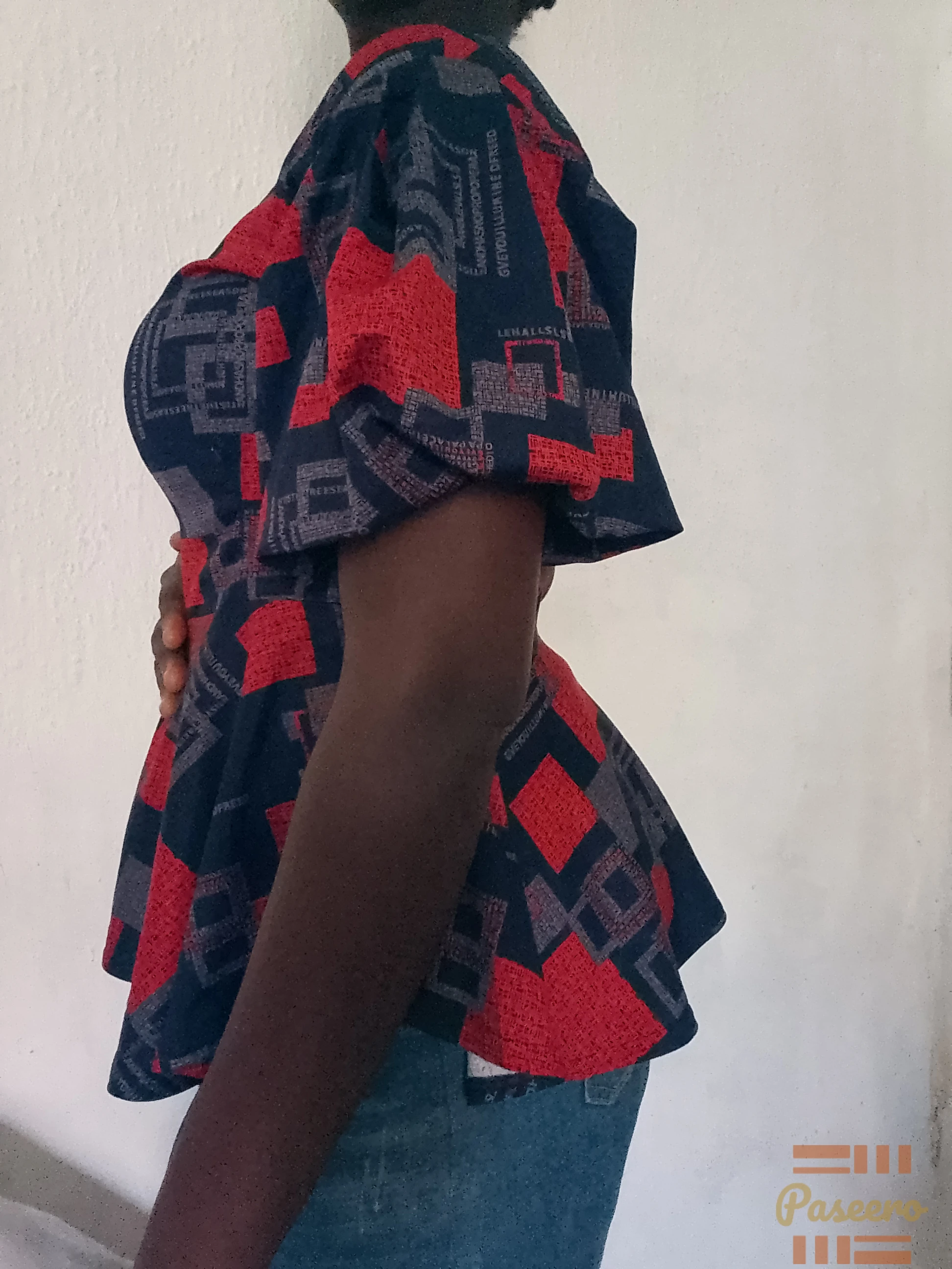 Thrift blue and red- patterned blouse