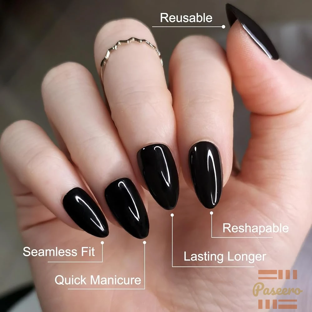 Artquee Almond Press on Nails Short Solid Color Black Fake Nails2
