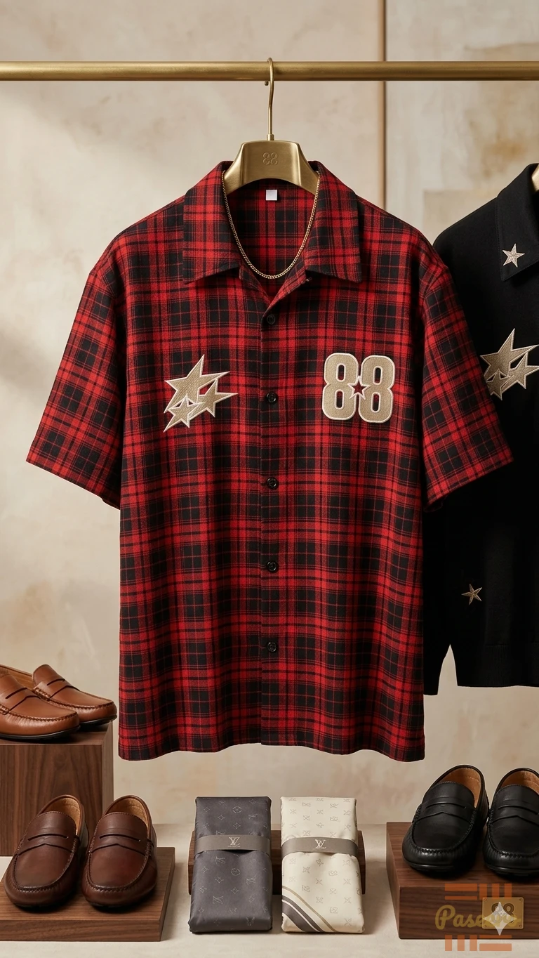 Premium Red Tartan Button-Down featuring Gold Star & 88 Detail1
