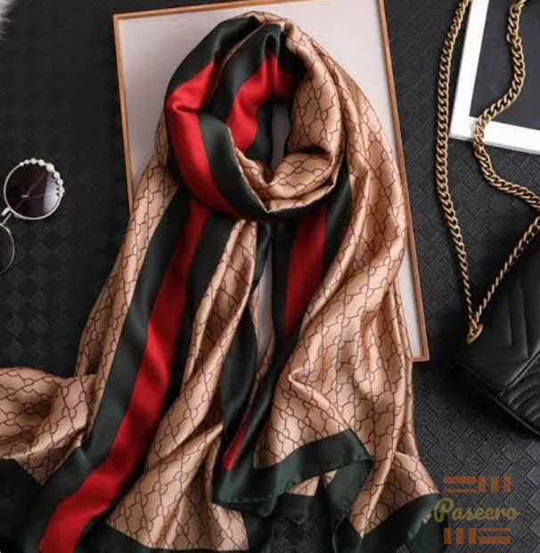 Luxury GG Monogram Satin Scarf Shawl - Red Green Stripe Hijab Wrap1