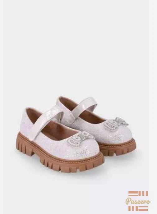 Girls Glitter Bow Chunky Sole Mary Jane Shoes - White Sparkle Party2