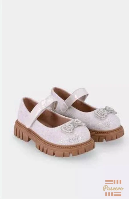 Girls Glitter Bow Chunky Sole Mary Jane Shoes - White Sparkle Party1