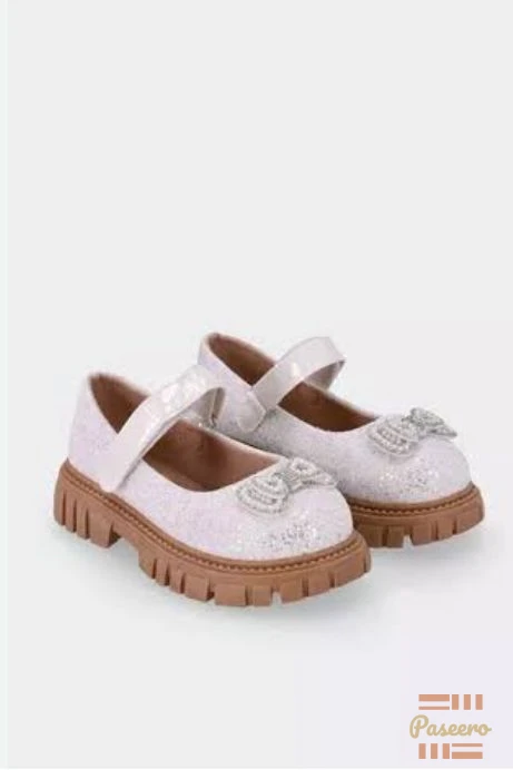 Girls Glitter Bow Chunky Sole Mary Jane Shoes - White Sparkle Party