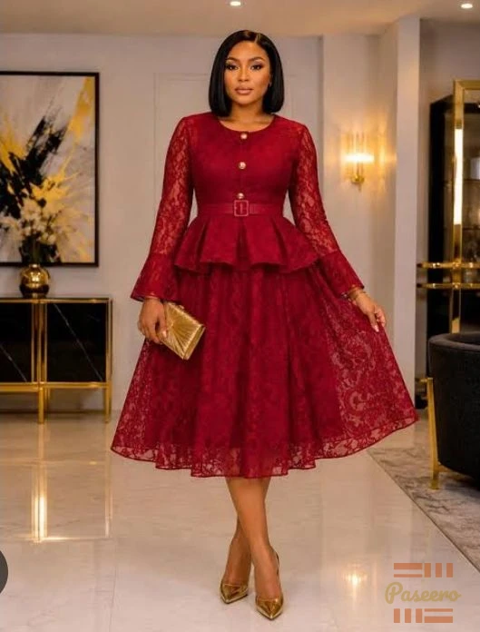 Burgundy Lace Peplum Midi Dress - M to 2XL | Church + Office Wear1