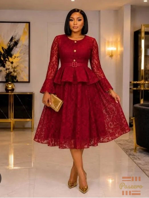 Burgundy Lace Peplum Midi Dress - M to 2XL | Church + Office Wear2