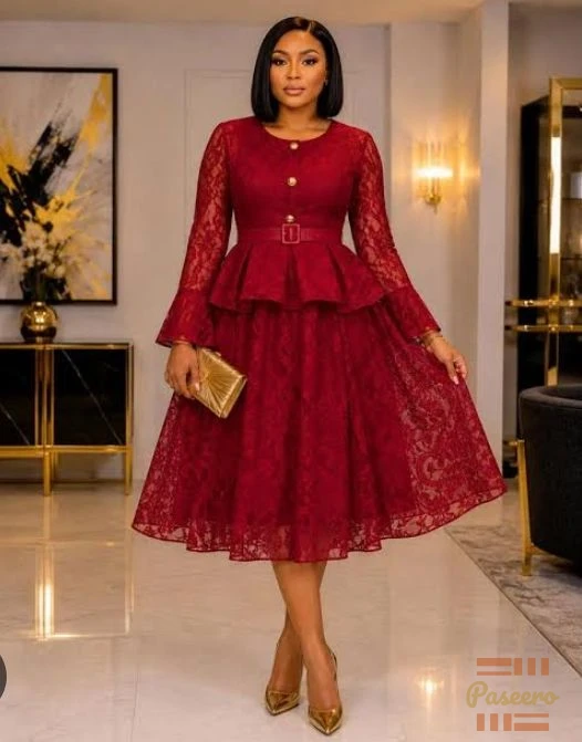 Burgundy Lace Peplum Midi Dress - M to 2XL | Church + Office Wear