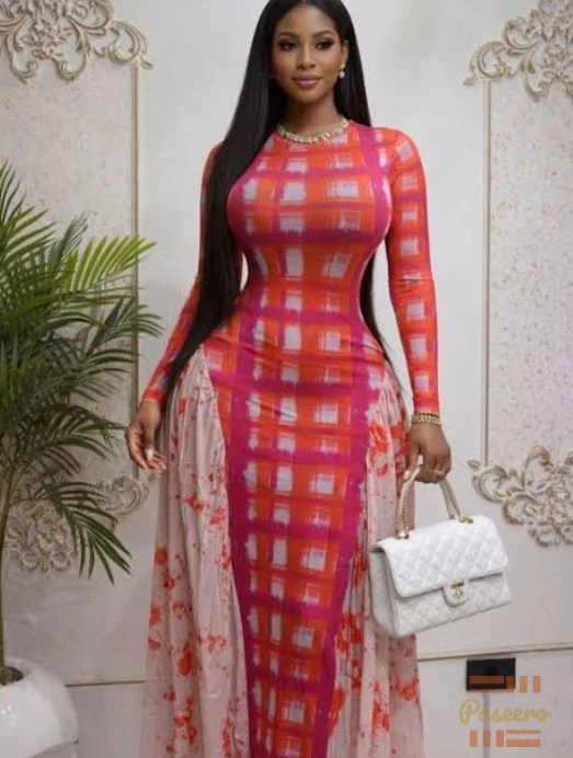 Orange Pink Print Bodycon Maxi Dress - Mature Classy Gown1