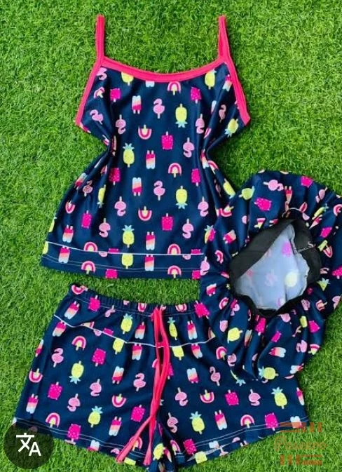 3in1 nightwear set, cotton cami shorts set, satin