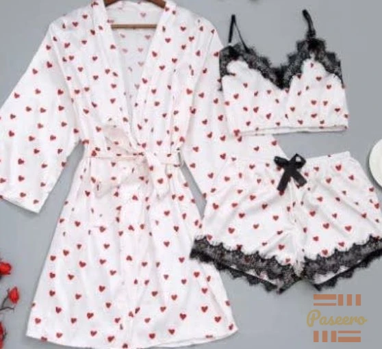 3-in-1 Satin Lace Nightwear Set | Robe + Cami + Shorts | Sexy2