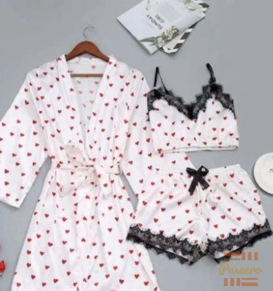 3-in-1 Satin Lace Nightwear Set | Robe + Cami + Shorts | Sexy