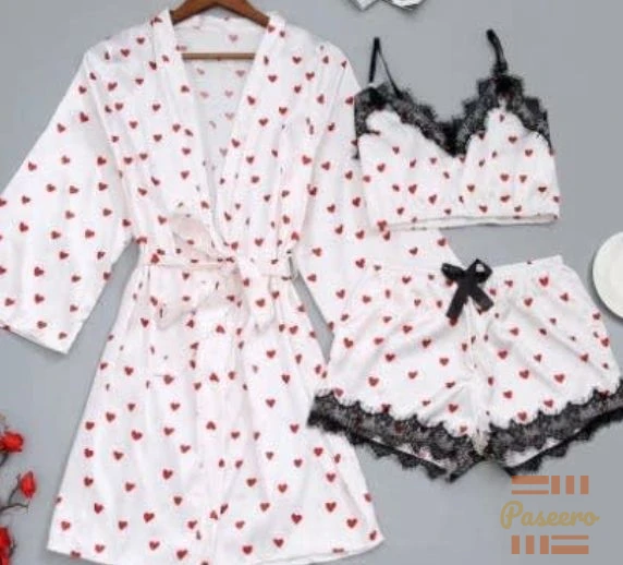 3-in-1 Satin Lace Nightwear Set | Robe + Cami + Shorts | Sexy1