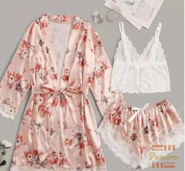 -in-1 Peach Floral Satin Robe Set | Lace Cami + Shorts |1