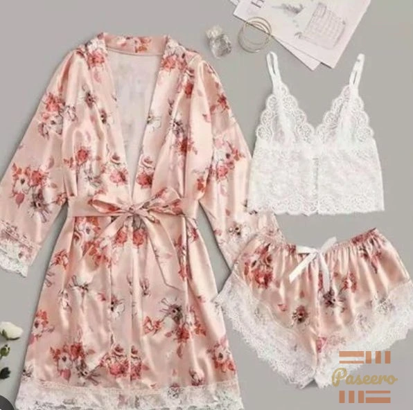 -in-1 Peach Floral Satin Robe Set | Lace Cami + Shorts |2