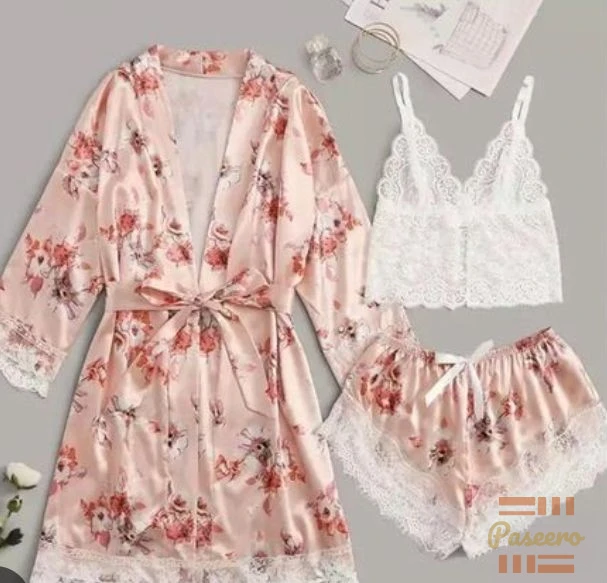 -in-1 Peach Floral Satin Robe Set | Lace Cami + Shorts |