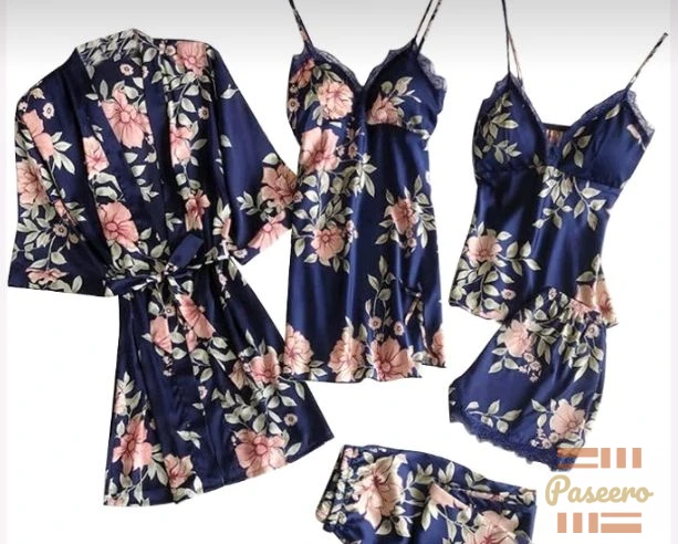 3-in-1 Navy Floral Satin Robe Set | Lace Cami Top + Shorts1