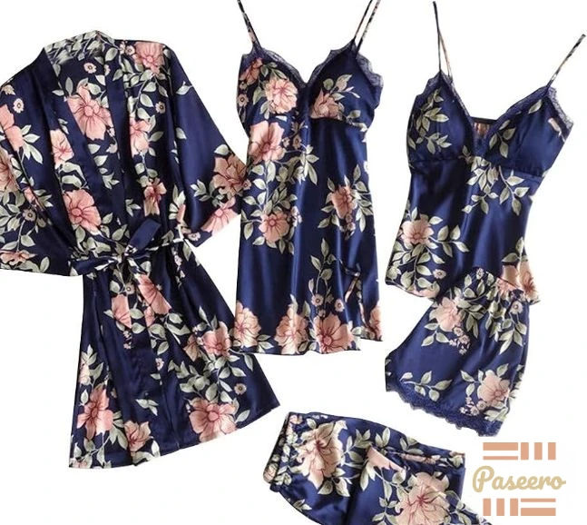 3-in-1 Navy Floral Satin Robe Set | Lace Cami Top + Shorts