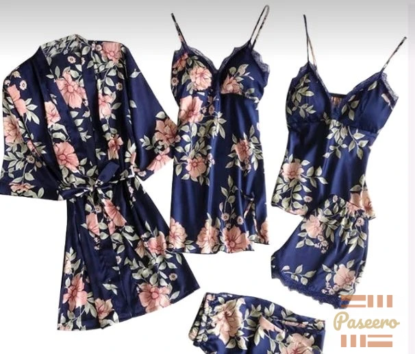 3-in-1 Navy Floral Satin Robe Set | Lace Cami Top + Shorts2