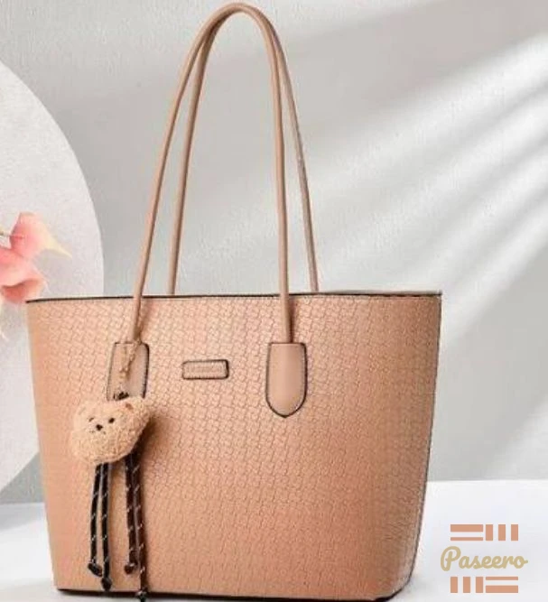 Elegant Beige Textured Tote Bag - Cute Bear Charm Shoulder Bag2