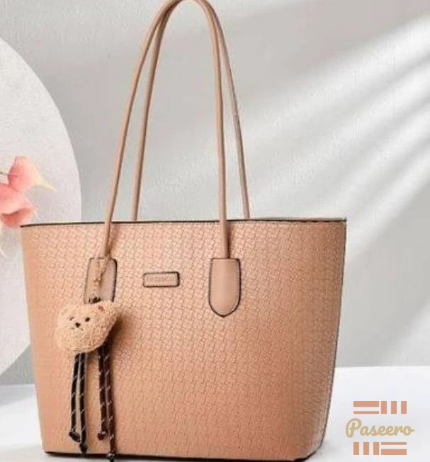 Elegant Beige Textured Tote Bag - Cute Bear Charm Shoulder Bag1