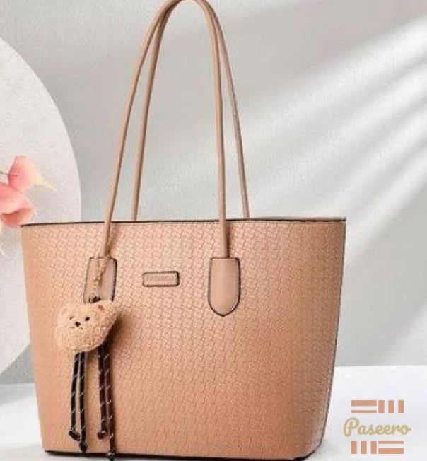 Elegant Beige Textured Tote Bag - Cute Bear Charm Shoulder Bag