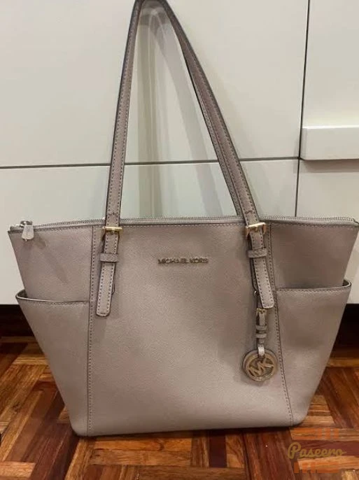 Luxury Tote Bag - Grey Shoulder Bag with Side Pockets + MK Charm1