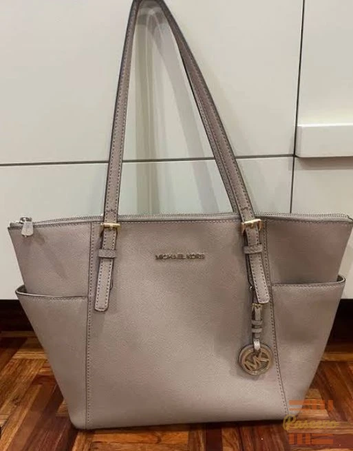 Luxury Tote Bag - Grey Shoulder Bag with Side Pockets + MK Charm