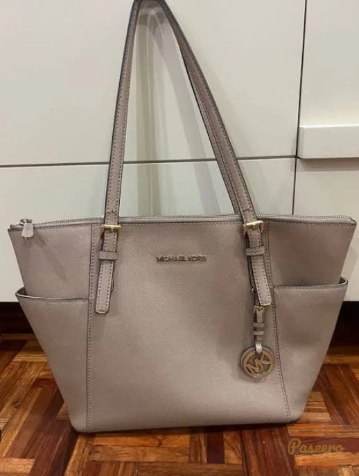 Luxury Tote Bag - Grey Shoulder Bag with Side Pockets + MK Charm2